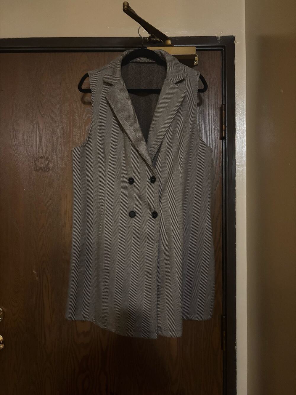 Brown Heringbone Double Breast Preppy Fall Office Lapel Blazer Vest Dress